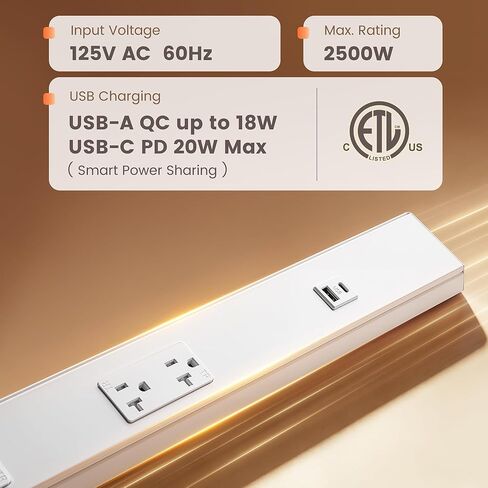 SURAIELEC 24" Under Cabinet Power Strip Hardwired, Angled Trapezoid Design, 2×20A TR Outlets with USB-A & USB-C, Modular Extension System (No Cutting), Aluminum Housing, 125V 20A, ETL Listed in Kuwait