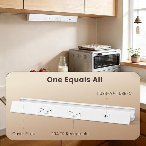 SURAIELEC 24" Under Cabinet Power Strip Hardwired, Angled Trapezoid Design, 2×20A TR Outlets with USB-A & USB-C, Modular Extension System (No Cutting), Aluminum Housing, 125V 20A, ETL Listed in Kuwait