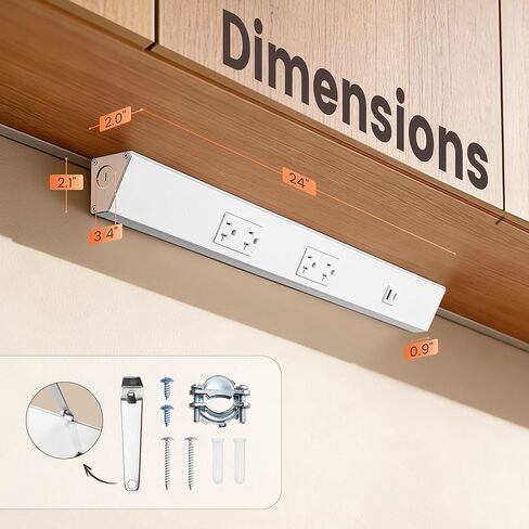 SURAIELEC 24" Under Cabinet Power Strip Hardwired, Angled Trapezoid Design, 2×20A TR Outlets with USB-A & USB-C, Modular Extension System (No Cutting), Aluminum Housing, 125V 20A, ETL Listed in Kuwait
