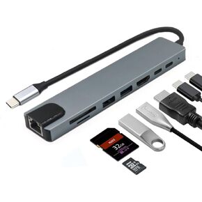 قاعدة توصيل USB-C 8 في 1 لتوسيع الكمبيوتر المحمول، إعداد كابل واحد للمكتب المنزلي والسفر، 4K HDMI 30 هرتز USB A&C 3.0 SD/TF قارئ 100 وات PD، للطلاب ومنشئ الفيديو in Kuwait