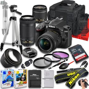 كاميرا Nikon D3400 DSLR مع عدسة AF-P DX NIKKOR مقاس 18-55 مم f/3.5-5.6G VR وعدسة 70-300 مم f/4.5-6.3G ED + ذاكرة 128 جيجابايت + بطارية إضافية + حقيبة كاميرا + حامل ثلاثي القوائم + المزيد (حزمة مكونة من 23 قطعة) (متجددة) in Saudi Arabia