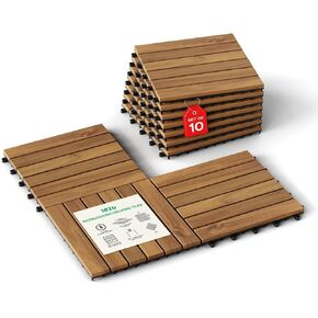 Idzo Interlocking Deck Tiles 9.6 SQFT - 10PCS Waterproof Acacia Wood Patio Tiles, Flooring Tiles for Indoor and Outdoor - 12 Slats Decking Checker Pattern, 11.81 x 11.81 x 0.91 Inches, Red Brown in Kuwait