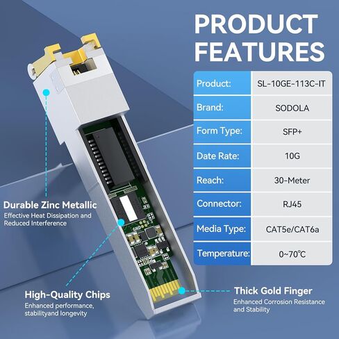 SODOLA 10GBase-T SFP+ إلى RJ-45 جهاز إرسال واستقبال، مع شريحة Marvel، 10Gbe SFP+ وحدة Ethernet CAT6a النحاسية، حتى 30 مترًا، لـ Intel وUbiquiti UniFi وFortinet وTP-Link والمزيد in Saudi Arabia