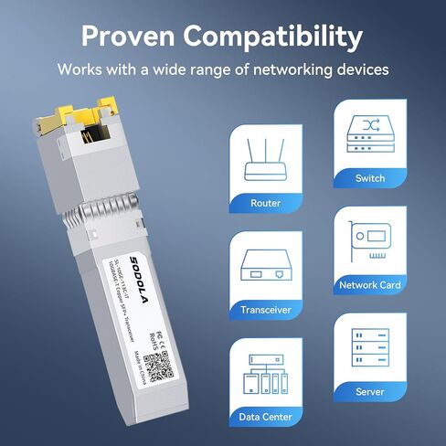 SODOLA 10GBase-T SFP+ إلى RJ-45 جهاز إرسال واستقبال، مع شريحة Marvel، 10Gbe SFP+ وحدة Ethernet CAT6a النحاسية، حتى 30 مترًا، لـ Intel وUbiquiti UniFi وFortinet وTP-Link والمزيد in Saudi Arabia