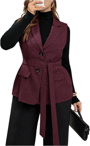 GORGLITTER Women's Plus Size Blazer Vest Business Casual Fall Outfit Sleeveless Belted Button Jacket Vest Dressy Trendy in Saudi Arabia