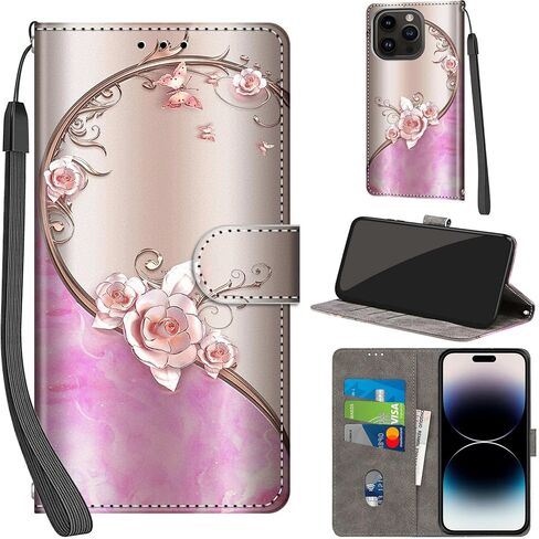 حافظة محفظة لهاتف iPhone 15 Pro Max، مع [3 فتحات للبطاقات]، غطاء قلاب واقٍ من جلد البولي يوريثان بقفل مغناطيسي مقاوم للصدمات مقاس 6.7 بوصات، وردي وردي in Saudi Arabia