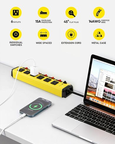 Heavy Duty Power Strip with Individual Switches,6 Outlet Metal Power Strip with Surge Protector 1200 Joules,Flat Plug Design,10FT,14AWG Extension Cord,15A 1875W- Wall Mountable in Saudi Arabia