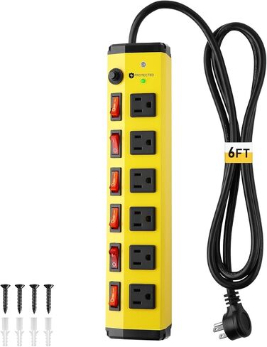 Heavy Duty Power Strip with Individual Switches,6 Outlet Metal Power Strip with Surge Protector 1200 Joules,Flat Plug Design,10FT,14AWG Extension Cord,15A 1875W- Wall Mountable in Saudi Arabia