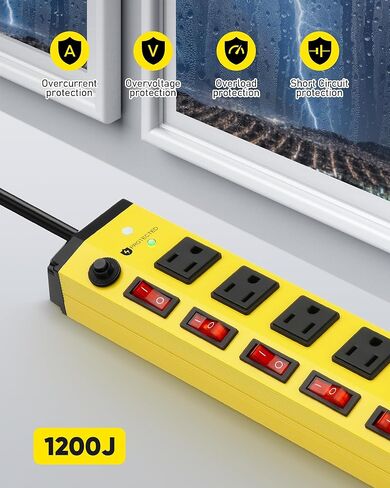 Heavy Duty Power Strip with Individual Switches,6 Outlet Metal Power Strip with Surge Protector 1200 Joules,Flat Plug Design,10FT,14AWG Extension Cord,15A 1875W- Wall Mountable in Saudi Arabia