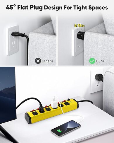 Heavy Duty Power Strip with Individual Switches,6 Outlet Metal Power Strip with Surge Protector 1200 Joules,Flat Plug Design,10FT,14AWG Extension Cord,15A 1875W- Wall Mountable in Saudi Arabia