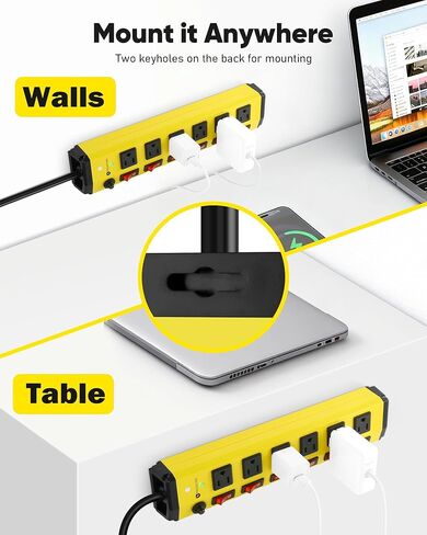 Heavy Duty Power Strip with Individual Switches,6 Outlet Metal Power Strip with Surge Protector 1200 Joules,Flat Plug Design,10FT,14AWG Extension Cord,15A 1875W- Wall Mountable in Saudi Arabia