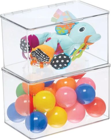 mDesign Set of 2 Storage Boxes with Lids – Stackable Plastic Storage Boxes for Nursery – Practical Plastic Toy Box Set – Clear in Saudi Arabia