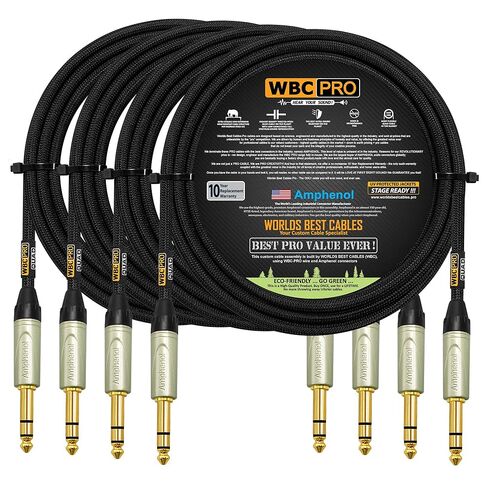4 وحدات - 8 أقدام - كابل WBC-PRO-Quad فائق الصمت والمرن ومتوازن للغاية مع Amphenol QS3P-AU ¼ بوصة (6.35 مم) مقابس هاتف ستيريو TRS ذهبية مستقيمة وسترة تويد سوداء in Kuwait