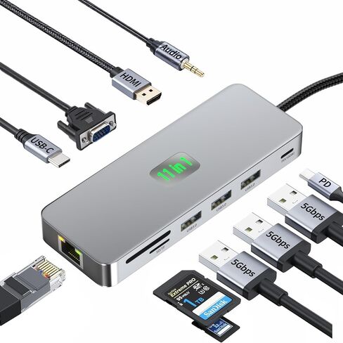 محطة إرساء USB C شاشة مزدوجة 11 في 1، 4K@60 هرتز HDMI وDisplayPort Hub مع جيجابت إيثرنت، 100 واط PD، USB 3.0، USB C، قارئ بطاقة SD/TF، ​​متوافق مع MacBook وDell وHP وLenovo وSurface in Kuwait