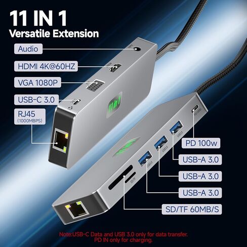 محطة إرساء USB C شاشة مزدوجة 11 في 1، 4K@60 هرتز HDMI وDisplayPort Hub مع جيجابت إيثرنت، 100 واط PD، USB 3.0، USB C، قارئ بطاقة SD/TF، ​​متوافق مع MacBook وDell وHP وLenovo وSurface in Kuwait