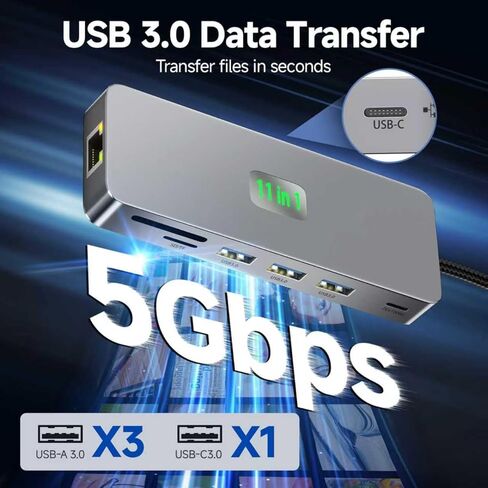 محطة إرساء USB C شاشة مزدوجة 11 في 1، 4K@60 هرتز HDMI وDisplayPort Hub مع جيجابت إيثرنت، 100 واط PD، USB 3.0، USB C، قارئ بطاقة SD/TF، ​​متوافق مع MacBook وDell وHP وLenovo وSurface in Kuwait