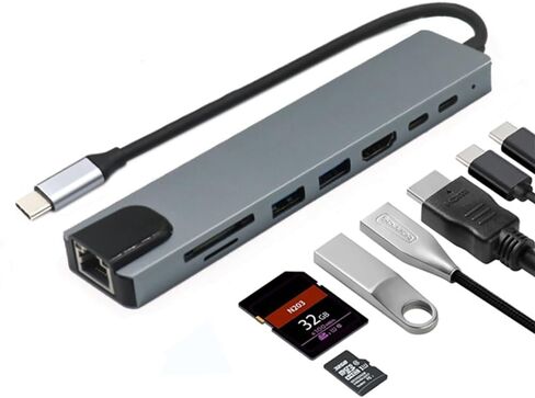 قاعدة توصيل USB-C 8 في 1 لتوسيع الكمبيوتر المحمول، إعداد كابل واحد للمكتب المنزلي والسفر، 4K HDMI 30 هرتز USB A&C 3.0 SD/TF قارئ 100 وات PD، للطلاب ومنشئ الفيديو in Kuwait