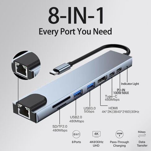 قاعدة توصيل USB-C 8 في 1 لتوسيع الكمبيوتر المحمول، إعداد كابل واحد للمكتب المنزلي والسفر، 4K HDMI 30 هرتز USB A&C 3.0 SD/TF قارئ 100 وات PD، للطلاب ومنشئ الفيديو in Kuwait