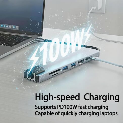 قاعدة توصيل USB-C 8 في 1 لتوسيع الكمبيوتر المحمول، إعداد كابل واحد للمكتب المنزلي والسفر، 4K HDMI 30 هرتز USB A&C 3.0 SD/TF قارئ 100 وات PD، للطلاب ومنشئ الفيديو in Kuwait