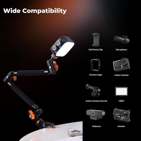 طقم مشبك ذراع سحري مقاس 22 بوصة من K&F CONCEPT، حامل كاميرا مكتبي علوي، ذراع ذراع احتكاك طويل للهاتف، كاميرا الحركة، ضوء LED، ميكروفون in Saudi Arabia