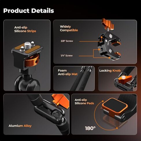 طقم مشبك ذراع سحري مقاس 22 بوصة من K&F CONCEPT، حامل كاميرا مكتبي علوي، ذراع ذراع احتكاك طويل للهاتف، كاميرا الحركة، ضوء LED، ميكروفون in Saudi Arabia