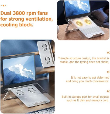 Veemoon Adjustable White Laptop Stand with Dual Cooling Fans, Foldable Notebook Holder for Home and Office Use, Ergonomic Computer Cooling Rack Compatible with Laptops in Saudi Arabia
