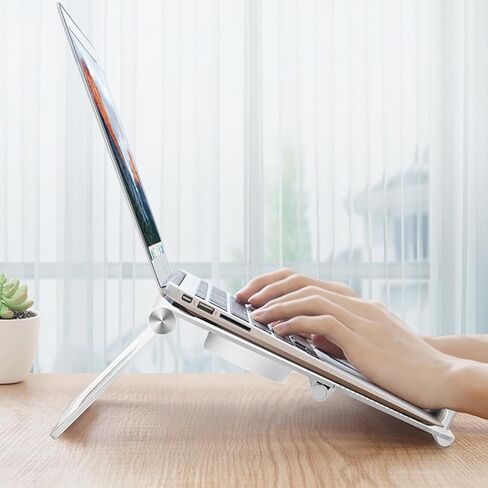 Veemoon Adjustable White Laptop Stand with Dual Cooling Fans, Foldable Notebook Holder for Home and Office Use, Ergonomic Computer Cooling Rack Compatible with Laptops in Saudi Arabia