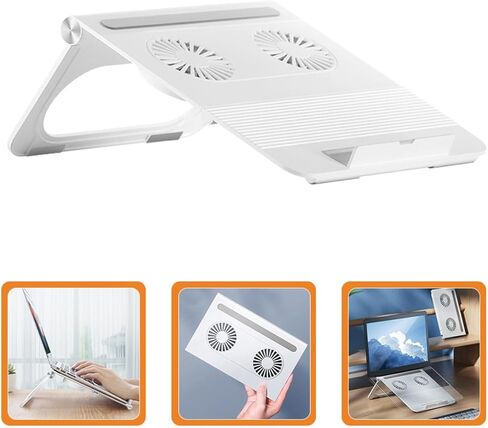 Veemoon Adjustable White Laptop Stand with Dual Cooling Fans, Foldable Notebook Holder for Home and Office Use, Ergonomic Computer Cooling Rack Compatible with Laptops in Saudi Arabia