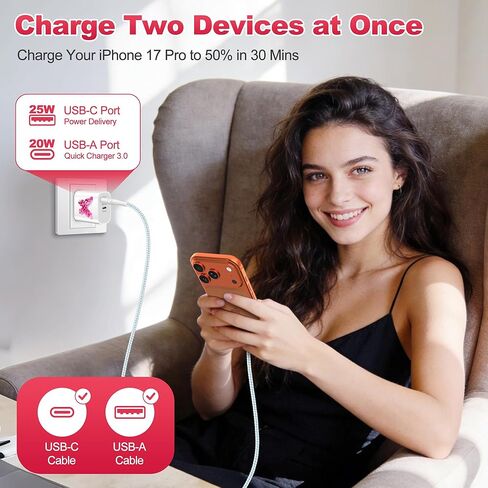 SAMONPOW لهاتف iPhone 17 16 15 شاحن سريع الشحن USB C مع 4FT USB A إلى iPhone شواحن سلك نوع C كابل مزدوج المنفذ شاحن جداري لهاتف iPhone 14/13/12/11 Pro Max، iPad، Samsung، المزيد in Kuwait