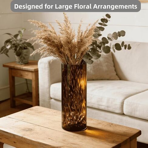 Large Leopard Amber Glass Vase, Luxe 11.8" Brown Decorative Centerpiece, Translucent Vintage Tortoise Shell Vase for Pampas Grass, Boho Modern Farmhouse Home Decor in Saudi Arabia