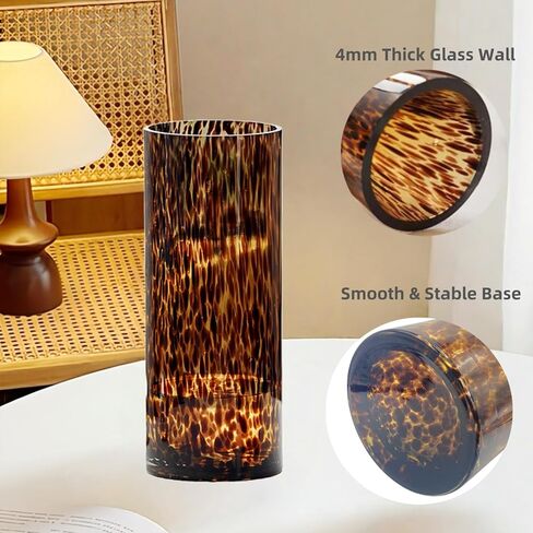 Large Leopard Amber Glass Vase, Luxe 11.8" Brown Decorative Centerpiece, Translucent Vintage Tortoise Shell Vase for Pampas Grass, Boho Modern Farmhouse Home Decor in Saudi Arabia