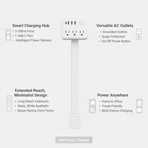 عصا تمديد المخرج - تتميز بـ 3 منافذ USB-A، و1 USB-C و3 منافذ تيار متردد، وتمتد من 17.7 بوصة إلى 27.6 بوصة، وتدور 180 درجة للوصول إلى المنافذ التي يصعب الوصول إليها، وأريكة توسيع منفذ كهربائي للحائط، ومنضدة ليلية، ومكاتب in Saudi Arabia