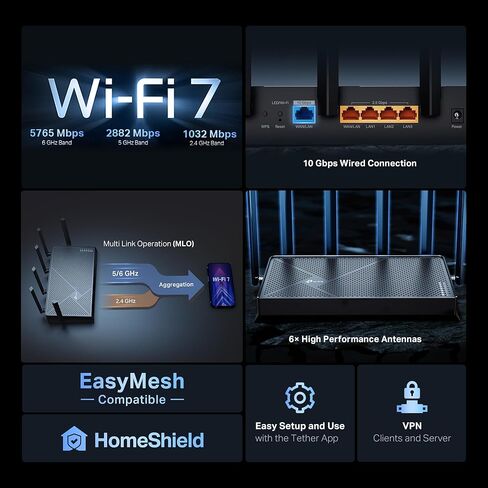 راوتر تي بي لينك ثلاثي الموجات BE9700 واي فاي 7 آرتشر BE600 | 10G WAN/LAN + 2.5G WAN/LAN + 3× 2.5G منافذ LAN، قناة جديدة 320 ميجا هرتز | يغطي ما يصل إلى 2600 قدم مربع. قدم و120 جهاز|VPN (متجدد) in Kuwait