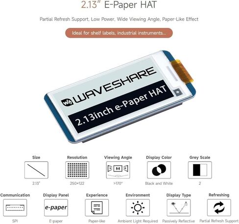 2.13inch E-Ink Display HAT (V4) for Raspberry Pi 5/4B/3B+/3B/2B/B+/A+/Zero/Zero W/WH/Zero 2W Series Boards 250x122 Resolution SPI Interface Supports Partial Refresh @XYGStudy in Saudi Arabia