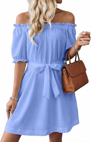 EVALESS Womens Spring Summer Dresses 2026 Casual Off The Shoulder Ruffle Short Sleeve Fashion Beach Vacation Clothes Dresses in Saudi Arabia