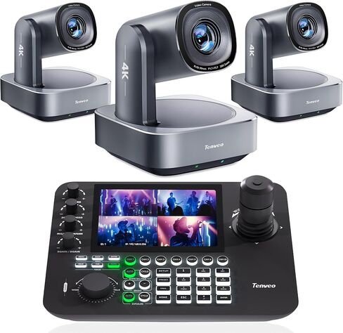 مجموعة / مجموعات كاميرا Tenveo 4K PTZ - 20X AI HDMI/USB3.0/LAN(PoE) 4K PTZ (3 قطع) مع عصا تحكم رباعية الأبعاد 7 بوصة LCD NDI PTZ لمؤتمر البث المباشر للكنيسة in Kuwait