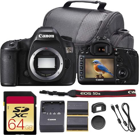حزمة كاميرا Canon EOS 5DS DSLR | مستشعر كامل الإطار بدقة 50.6 ميجابكسل، وتصوير عالي الدقة، ونظام التركيز البؤري التلقائي المتقدم، وDIGIC 6 مزدوج | للأستوديو وتصوير المناظر الطبيعية (0581C002) + بطاقة سعة 64 جيجابايت + بطارية + المزيد in Kuwait