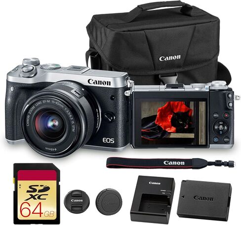 كاميرا Canon EOS M6 الرقمية بدون مرآة مع عدسة مقاس 15-45 مم (فضي) ومستشعر APS-C بدقة 24.2 ميجابكسل وضبط تلقائي للصورة ثنائي البكسل وفيديو عالي الدقة | كاميرا السفر والتدوين (1725C011) + حقيبة كتف + بطاقة ذاكرة سعة 64 جيجابايت in Kuwait