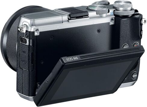 كاميرا Canon EOS M6 الرقمية بدون مرآة مع عدسة مقاس 15-45 مم (فضي) ومستشعر APS-C بدقة 24.2 ميجابكسل وضبط تلقائي للصورة ثنائي البكسل وفيديو عالي الدقة | كاميرا السفر والتدوين (1725C011) + حقيبة كتف + بطاقة ذاكرة سعة 64 جيجابايت in Kuwait