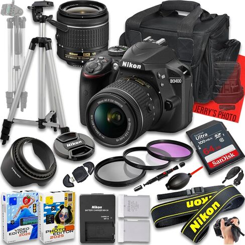 Nikon D3400 DSLR Camera with AF-P DX NIKKOR 18-55mm f/3.5-5.6G VR Lens + 128 GB Memory + Extra Battery + Camera Case + Tripod + More (20pc Bundle) (Renewed) in Saudi Arabia