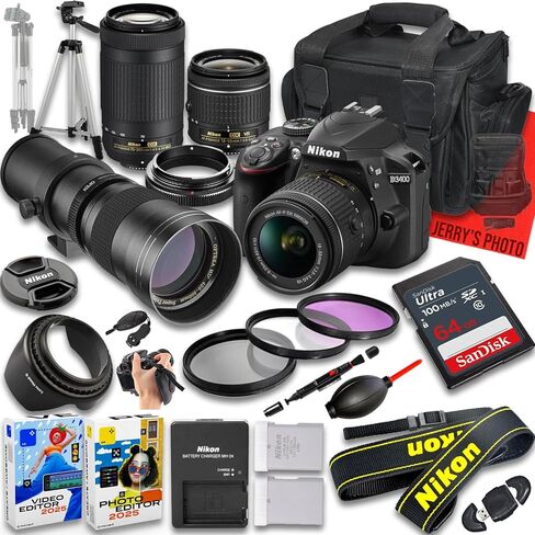 كاميرا Nikon D3400 DSLR مع عدسة AF-P DX NIKKOR مقاس 18-55 مم f/3.5-5.6G VR و70-300 مم f/4.5-6.3G ED وعدسة 420-800 مم f/8 + ذاكرة 128 جيجابايت + بطارية إضافية + حقيبة كاميرا + المزيد (حزمة 25 قطعة) (متجددة) in Saudi Arabia