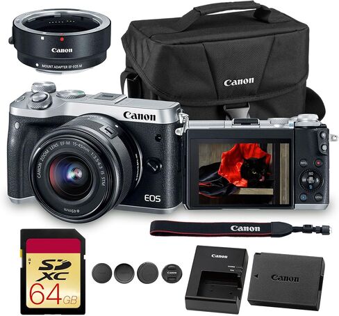 كاميرا Canon EOS M6 الرقمية بدون مرآة مع عدسة مقاس 15-45 مم (فضي) ومستشعر APS-C بدقة 24.2 ميجابكسل وضبط تلقائي للصورة ثنائي البكسل وفيديو عالي الدقة | كاميرا تدوين الفيديو (1725C011) + محول العدسة EF-M + بطاقة ذاكرة سعة 64 جيجابايت + حقيبة in Kuwait
