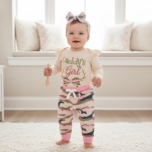 Baby Girl Hunting Outfit Daddy's Girl Bubble Romper Ruffle Long Sleeve Onesie Camo Pants Set Headband 3Pcs Clothes in Saudi Arabia