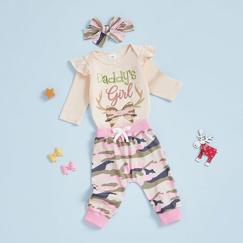 Baby Girl Hunting Outfit Daddy's Girl Bubble Romper Ruffle Long Sleeve Onesie Camo Pants Set Headband 3Pcs Clothes in Saudi Arabia