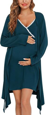 SWOMOG Womens Maternity Robe 2 Piece Nursing Nightgown for Breastfeeding 3 in 1 Labor Delivery Nursing Dress Lace Bathrobe in Saudi Arabia