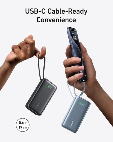 Anker Nano Power Bank, 10,000mAh Portable Charger with Built-in USB-C Cable, 30W Recharging, 30W Max Output with USB-C&A, for iPhone 16/15 Series, MacBook, Galaxy, AirPods, and More in Saudi Arabia