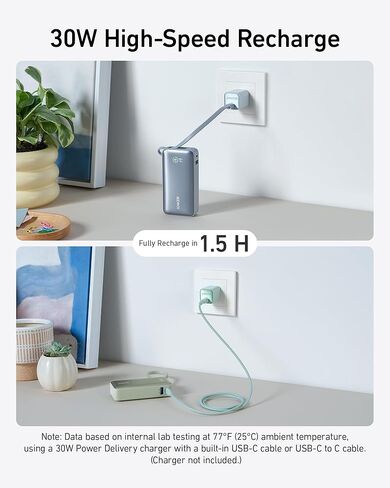 Anker Nano Power Bank, 10,000mAh Portable Charger with Built-in USB-C Cable, 30W Recharging, 30W Max Output with USB-C&A, for iPhone 16/15 Series, MacBook, Galaxy, AirPods, and More in Saudi Arabia