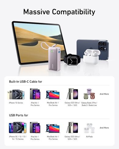 Anker Nano Power Bank, 10,000mAh Portable Charger with Built-in USB-C Cable, 30W Recharging, 30W Max Output with USB-C&A, for iPhone 16/15 Series, MacBook, Galaxy, AirPods, and More in Saudi Arabia