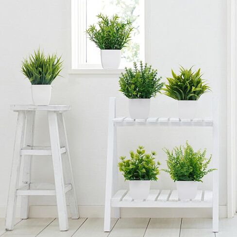 MISRTANY 6 Pack Small Fake Plants Artificial Potted Plants Faux Greenery Plants with Pot for Home Office Table Shelf Bathroom Farmhouse Indoor Decor - Black Pot in Kuwait