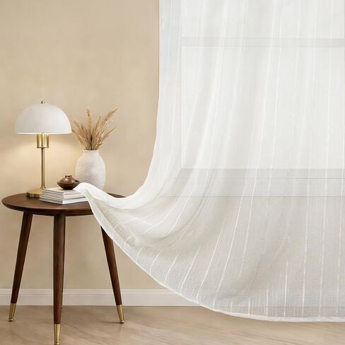 AELS Creamy White Semi Sheer Curtains 52 x 84 Inches Long 2 Panels, Striped Sheer Curtains for Living Room Bedroom, Textured Voile Sheer Boho Light Filtering Farmhouse Grommet Curtain in Saudi Arabia